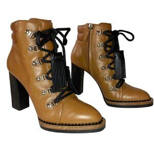 Tods Lace Up Tasseled Leather Ankle Boots 36.5 Brown Black Leather Laces 4" heel